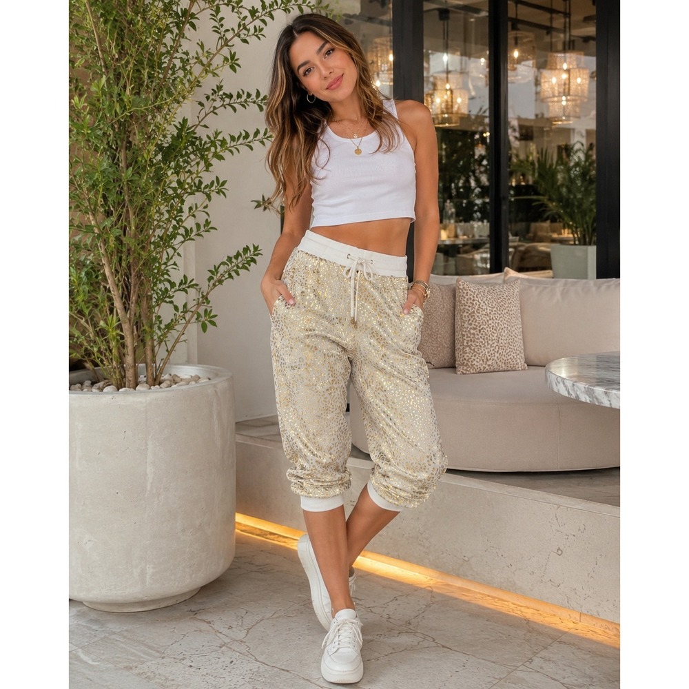 HWA APPAREL Women Pants Capry Gold Leopard Print Cropped Jogger Pants Lounge M